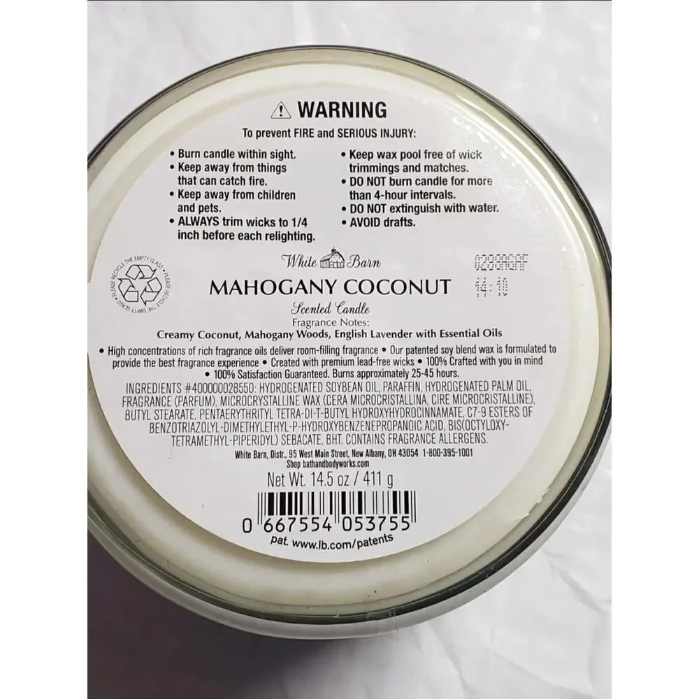 BBW Mahogany Coconut Large 3 Wick Candle Fresh Home Fragrance Decor